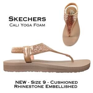 Skechers Cali Yoga Foam Sandals Womens 9 Rose Gold Rhinestone Gem Slingback NEW